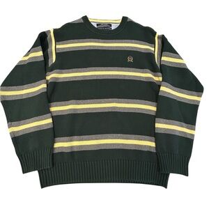 Tommy Hilfiger Vintage 90s Styke Green‎ and Yellow Striped Cotton Crew Sweater L